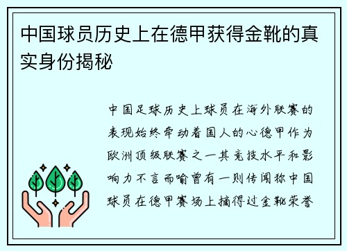 中国球员历史上在德甲获得金靴的真实身份揭秘